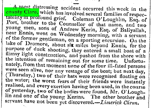 O'Loughlin and Kerin drown in Dromore lake 1826.jpg