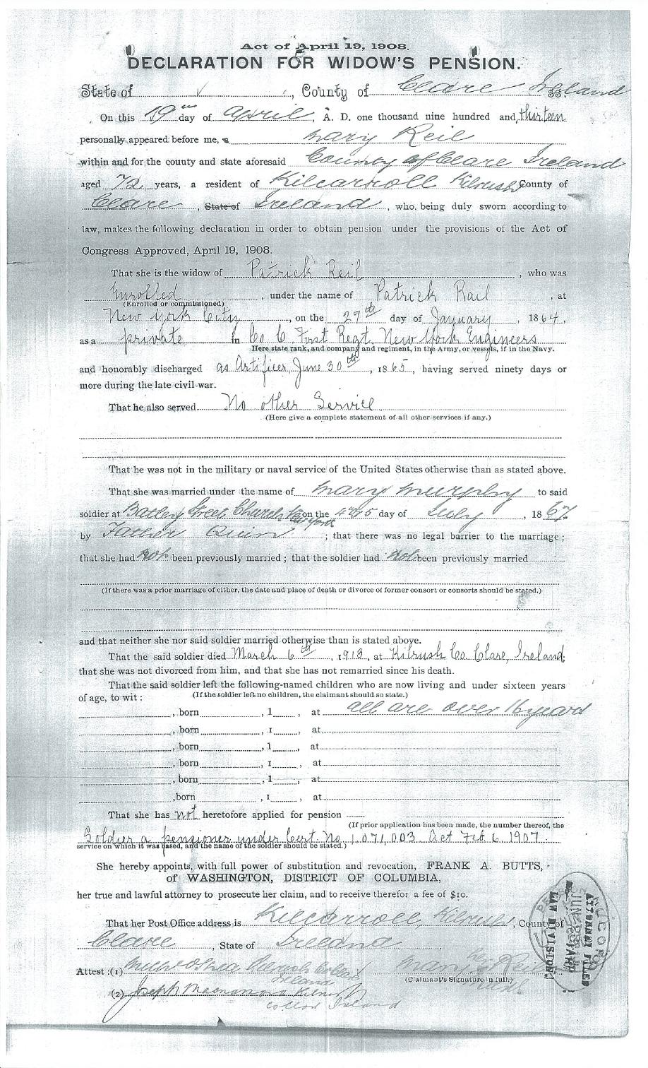 Mary Reil Declaration for Widow Pension 19 April 1913.jpg