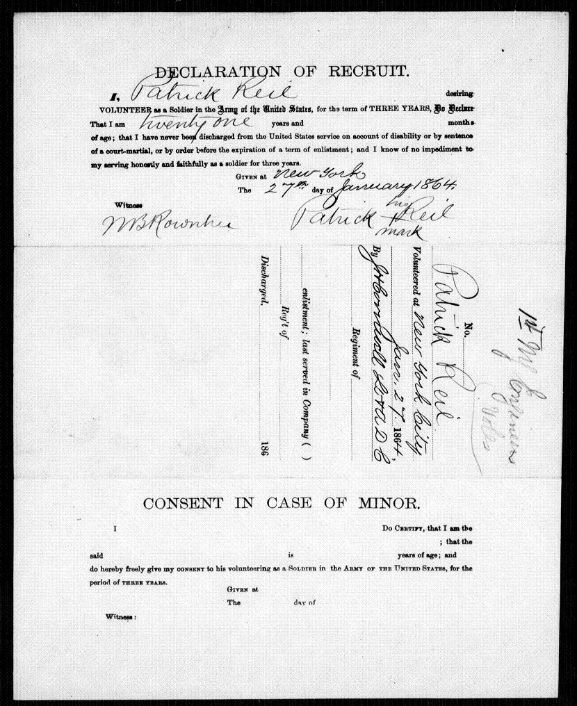 Patrick Reil, 1st NY Engineers Volunteer Enlistment 27 Jan 1864 part 2 (source Fold3).jpg