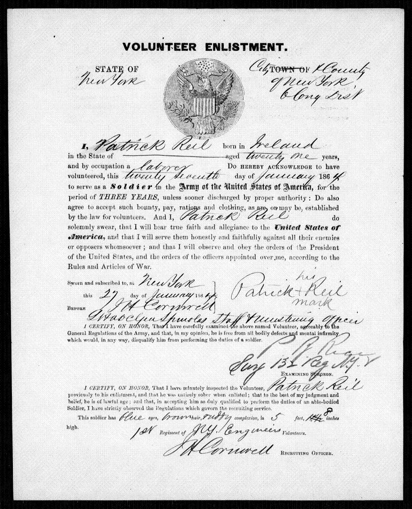 Patrick Reil, 1st NY Engineers Volunteer Enlistment 27 Jan 1864 part 1 (source Fold3).jpg