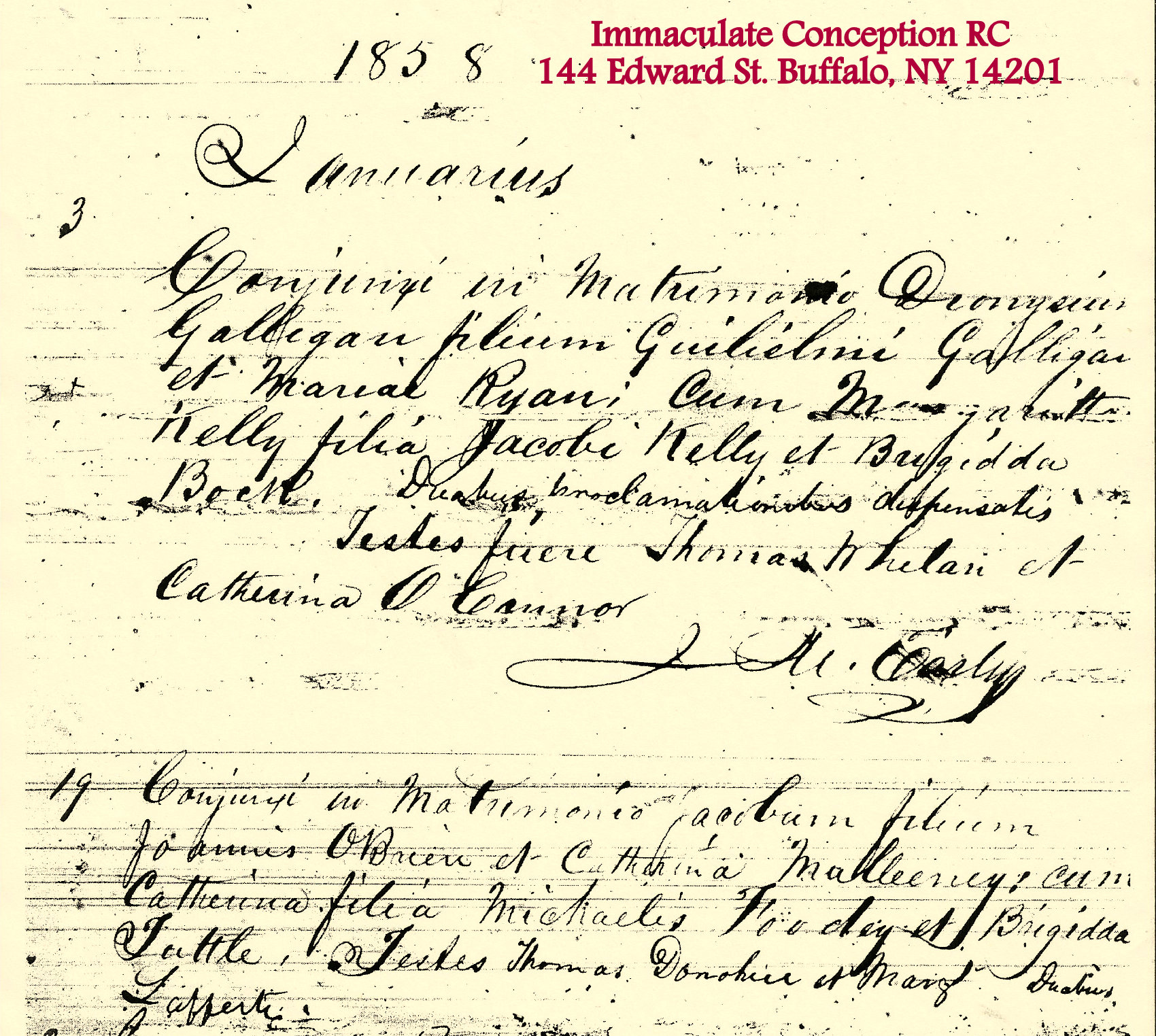 Marriage record 1858 Jan 19 James O'Brien and Catherine Foudy.jpg
