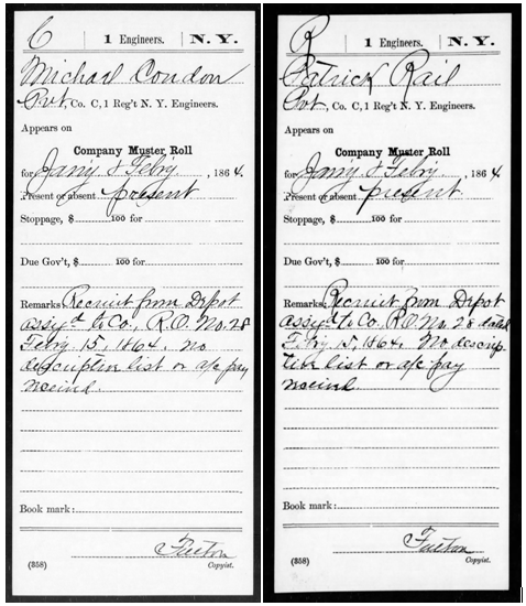 Michael Condon & Patrick Real Muster Roll February 1864 (source Fold3).png