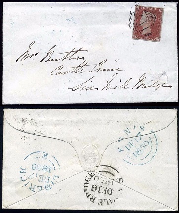 ENNIS ‘211’ Irish Numeral 1850 SG8 1d Envelope to Six Mile Bridge.jpg