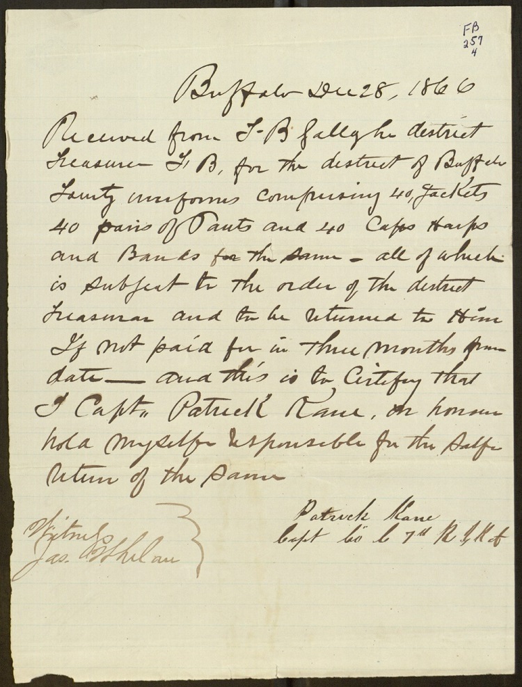 Receipt, To FB Gallagher From Patrick Kane December 28, 1866 (Digital Library at Villanova University).jpg
