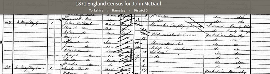 John McDaul family 1871 Census Barnsley Yorkshire, shoemaker employing four men.jpg