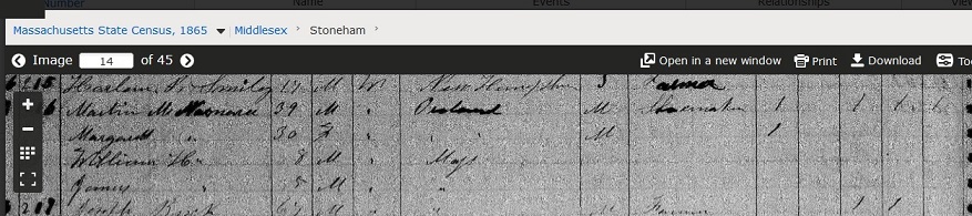 Martin McNamara, Shoemaker, 1865 Census Stoneham Massachusetts.jpg