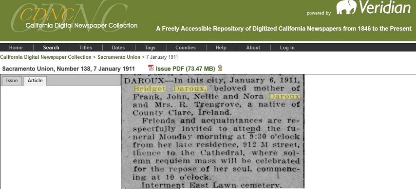 Bridget Perrill Daroux of County Clare obituary Sacramento Union 7 January 1911.jpg