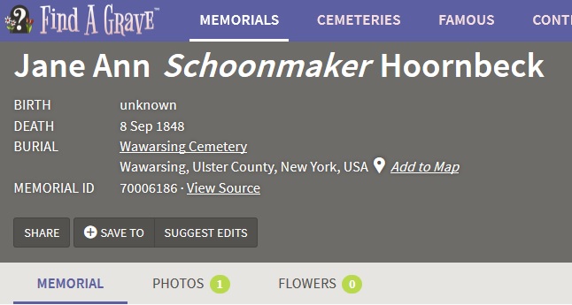Jane Anne Schoonmaker Hoornbeck headstone Wawarsing Cemetery NY.jpg