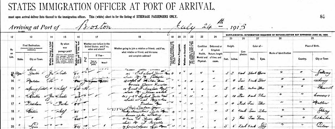 Patrick McNamara of Kilkishen on SS Arabic to Boston 24 July 1913 page 2.jpg
