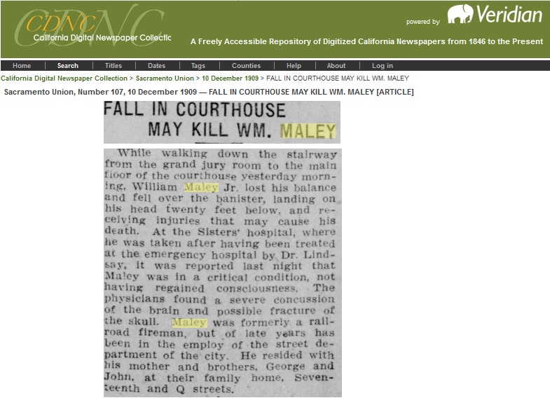 William Maley Jr fall in courthouse 10 December 1909 Sacramento Union.jpg