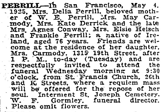 Bridget Hynes Perrill obituary 5 May 1925 Sacramento.jpg