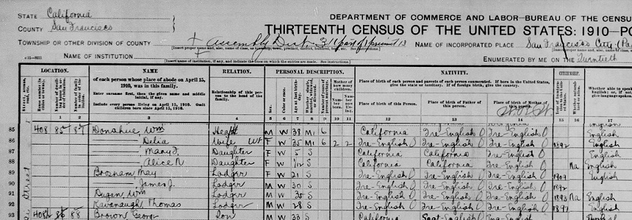 1910 CA Census of May Brosnan with siblings Delia Donahue & James Brosnan.jpg