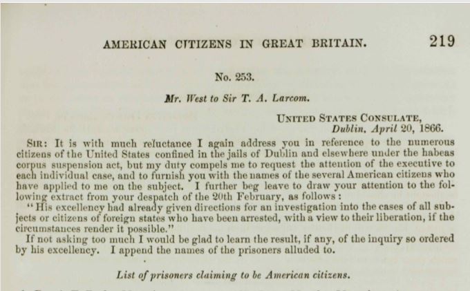 Apr 1866 US Consul's letter, Amer Fenians in prison.JPG