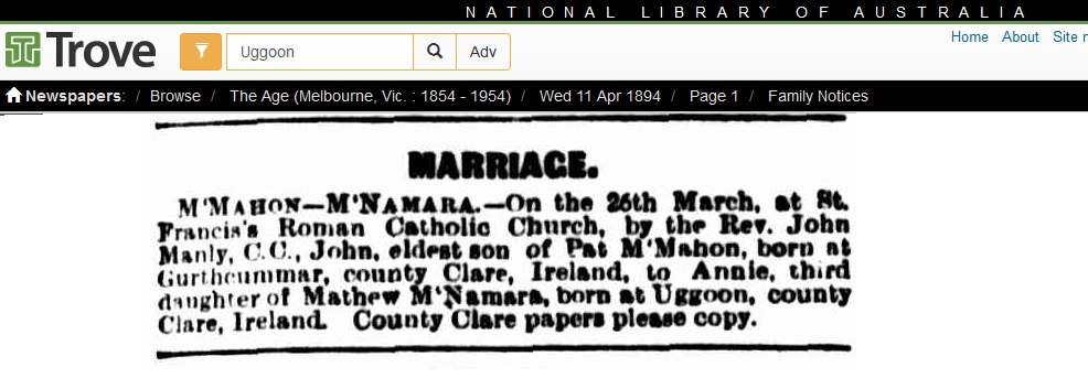 The Age Melbourne 11 April 1894 Marriage of Anne McNamara (trove archive).jpg