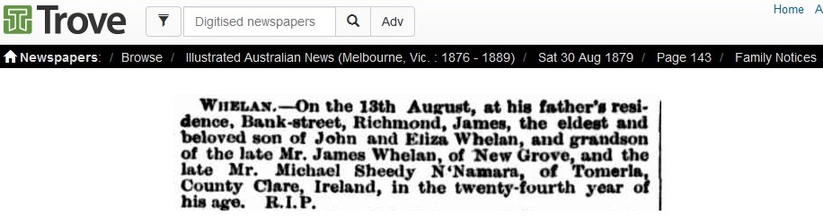 James Whelan grandson of Michael Sheedy McNamara obit Melbourne 30 Aug 1879.jpg
