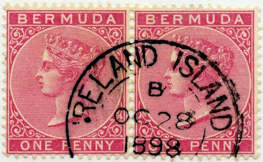 Bermuda QV rose one penny pair, 1898 Ireland Island cancellation.jpg