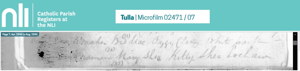 Tulla Baptism Register, 1846 McMahon entry.jpg