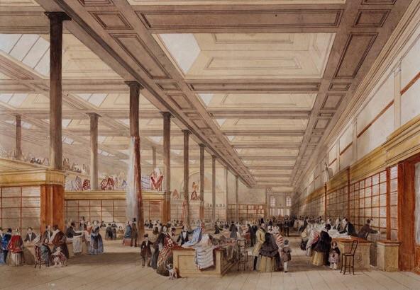 Queen's Old Castle department store, Cork, 1848, painting by Robert Lowe Stopford.jpg