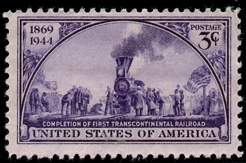 Transcontinental Railroad 75th Anniversary 1869 - 1944 USA postage stamp.jpg