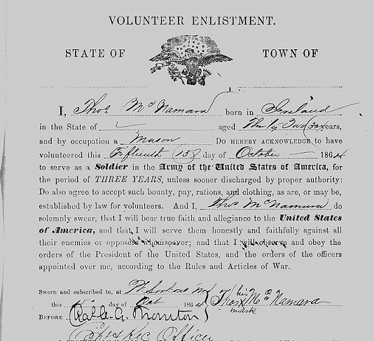 Thomas McNamara, 4th US Volunteers, Enlistment 15 October 1864 (National Archives; FamilySearch).jpg