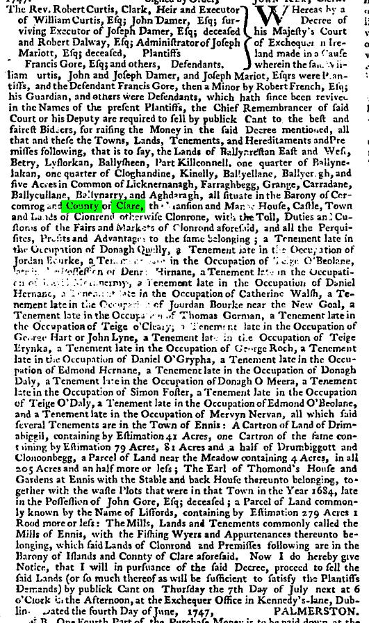 Sale of lands in Ennis and Clare 1747.jpg