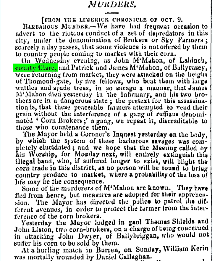 Clare police blotter - Limerick Chronicle Oct 9 1824.jpg